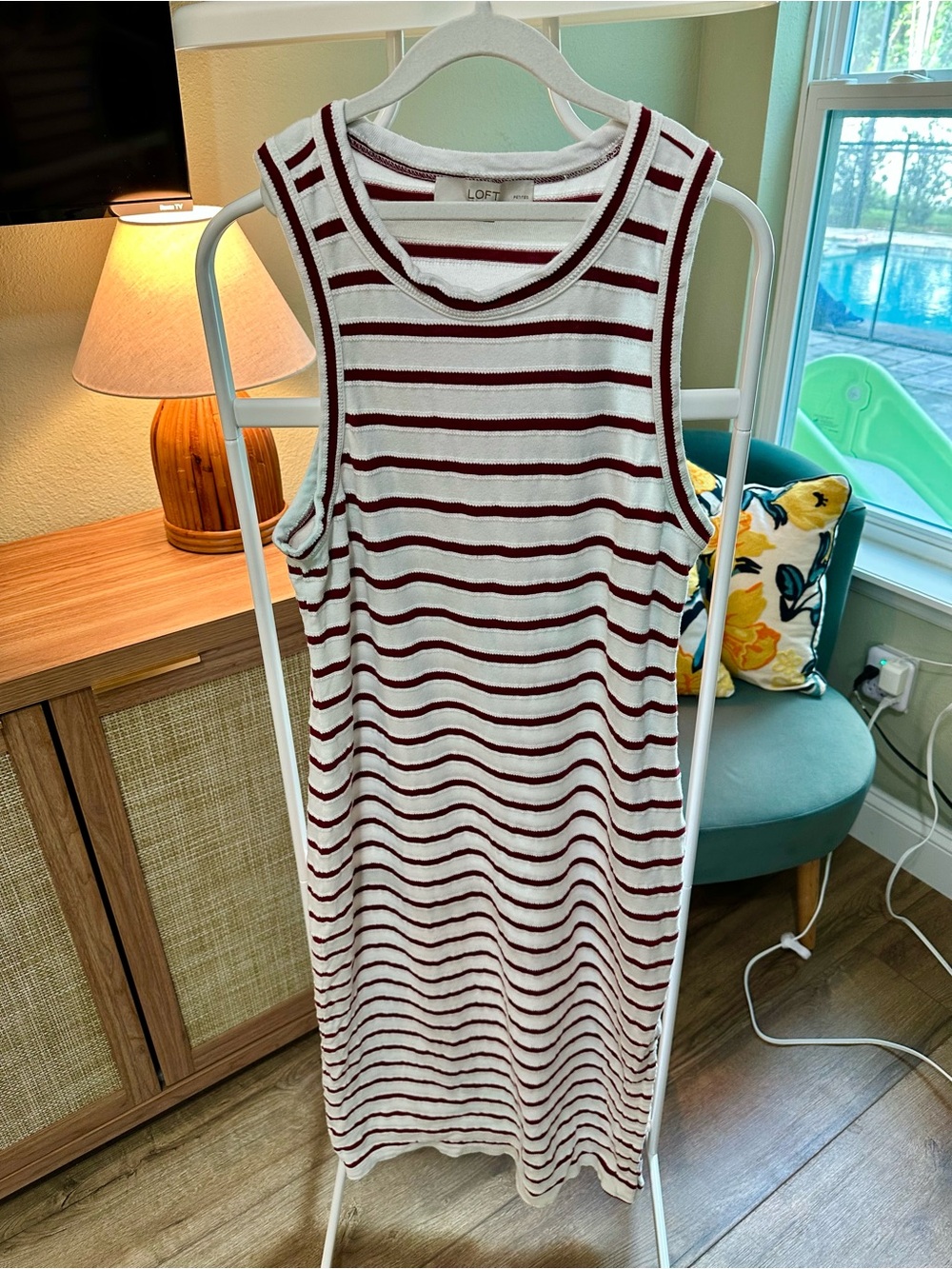 LOFT White and Burgundy Striped Sleeveless Midi Dress